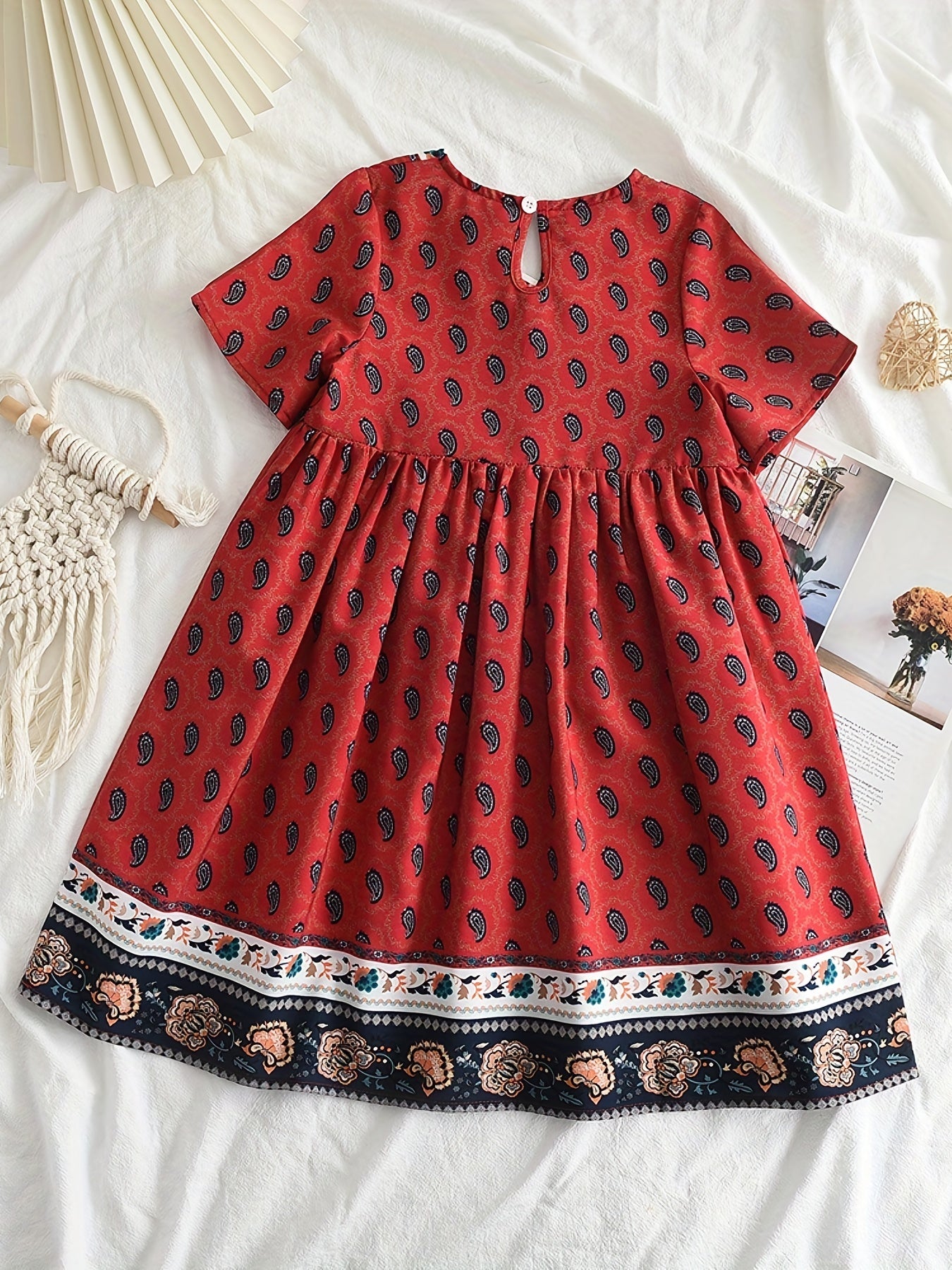 Girls' Ethnic Flowers Print V neck Summer Dress