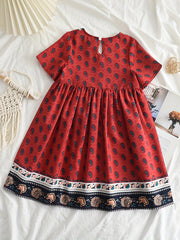 Girls' Ethnic Flowers Print V neck Summer Dress