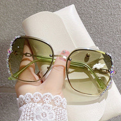 Oversized Rhinestone Sunglasses Gradient Lens Chain Temple UV400