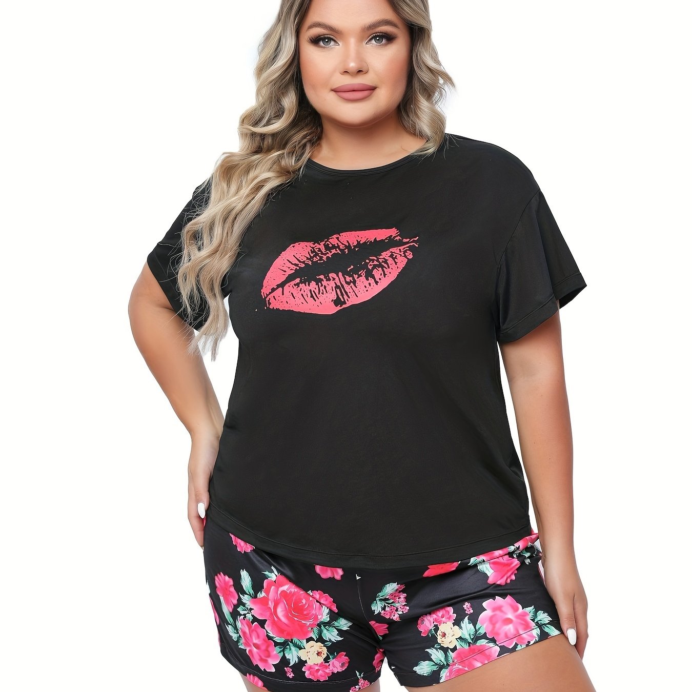  Kiss & Floral Print Tee & Shorts Pajama Set