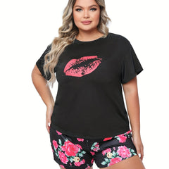  Kiss & Floral Print Tee & Shorts Pajama Set