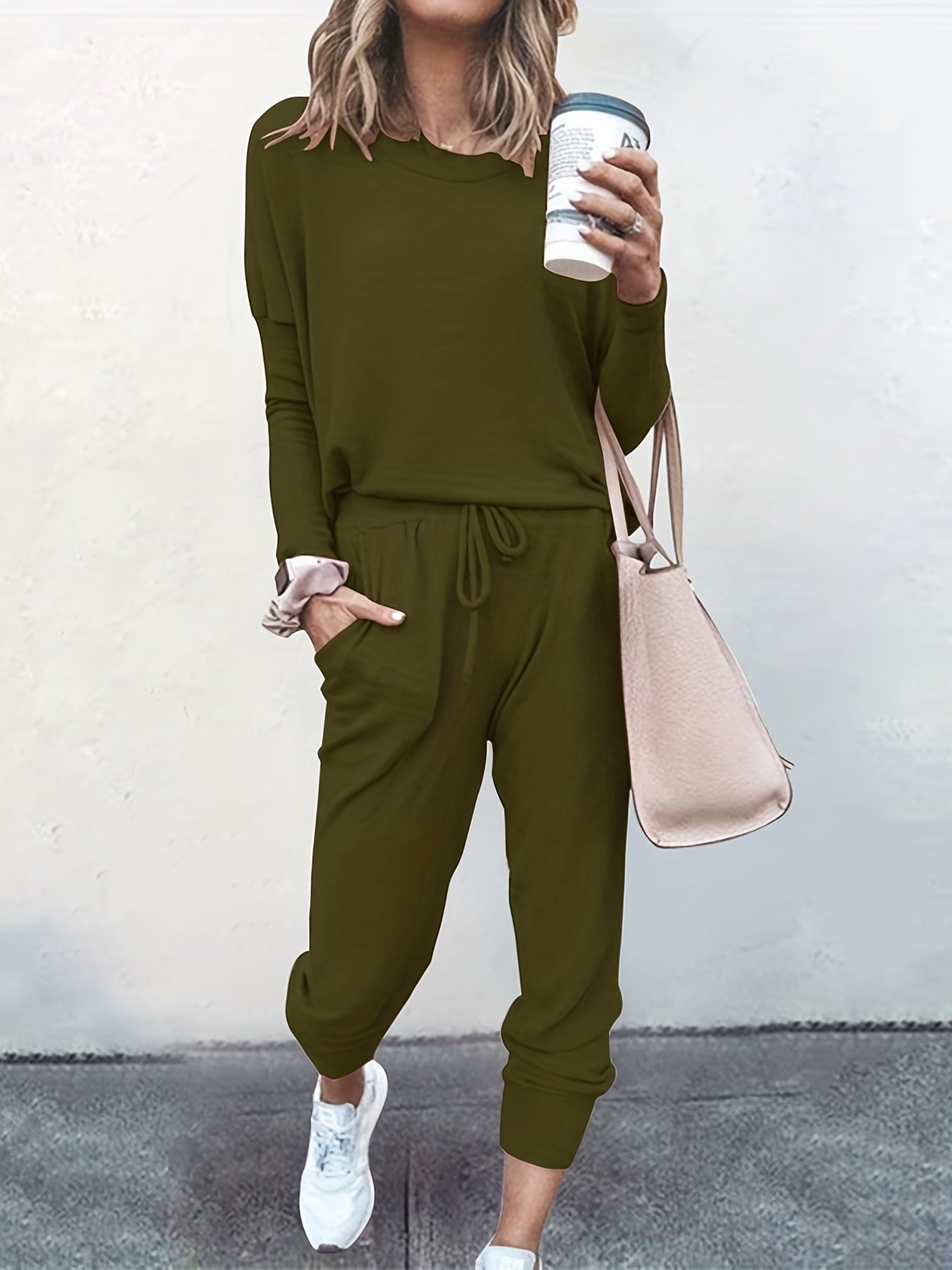 Casual Two-piece Set Long Sleeve T-shirt & Drawstring Pants Outfit