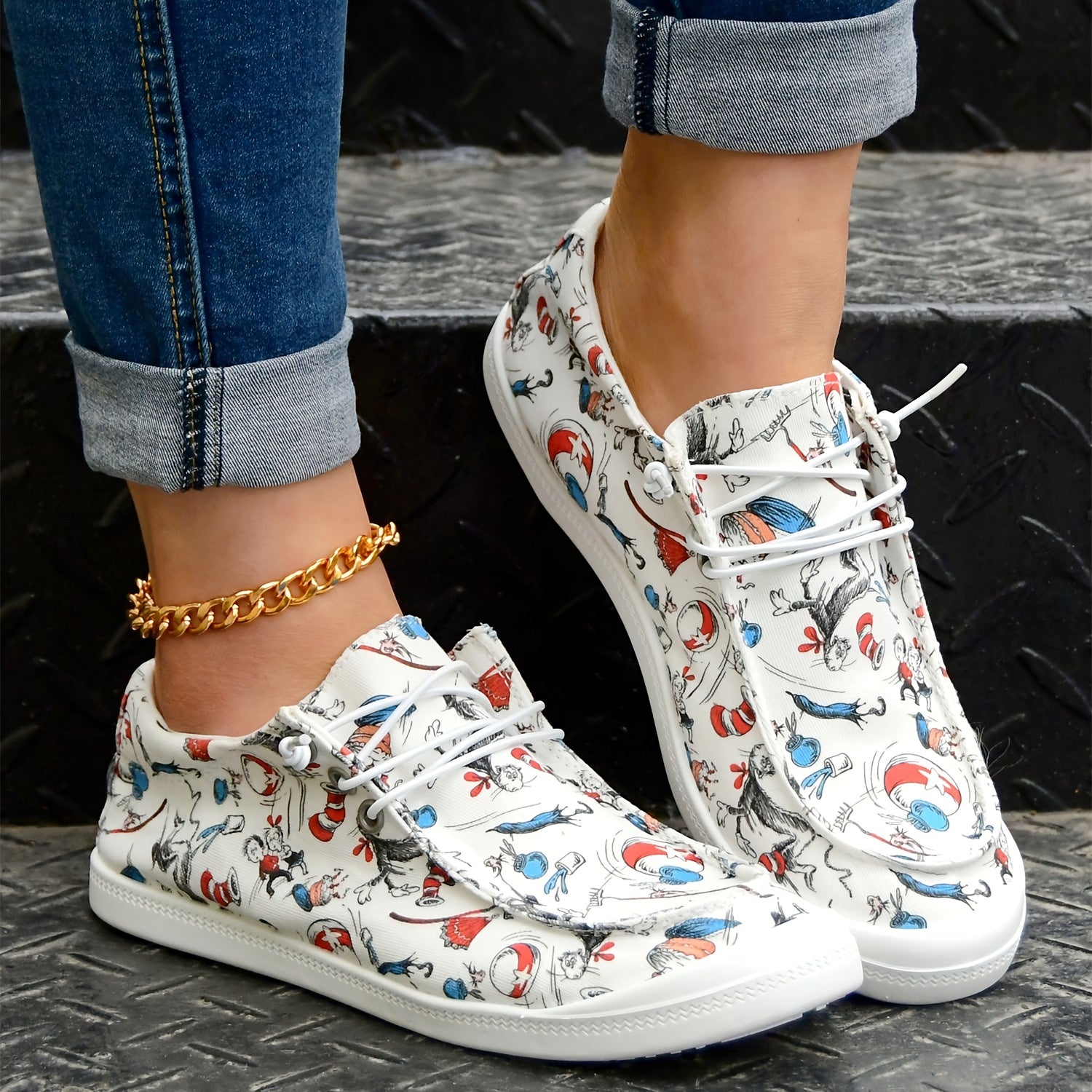Women's Cartoon Print Canvas Loafers Lace Up Slip On Casual Low Top Shoes