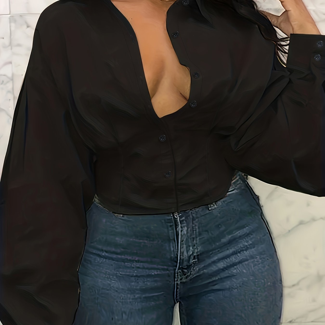  Solid Button Up Long Sleeve Blouse