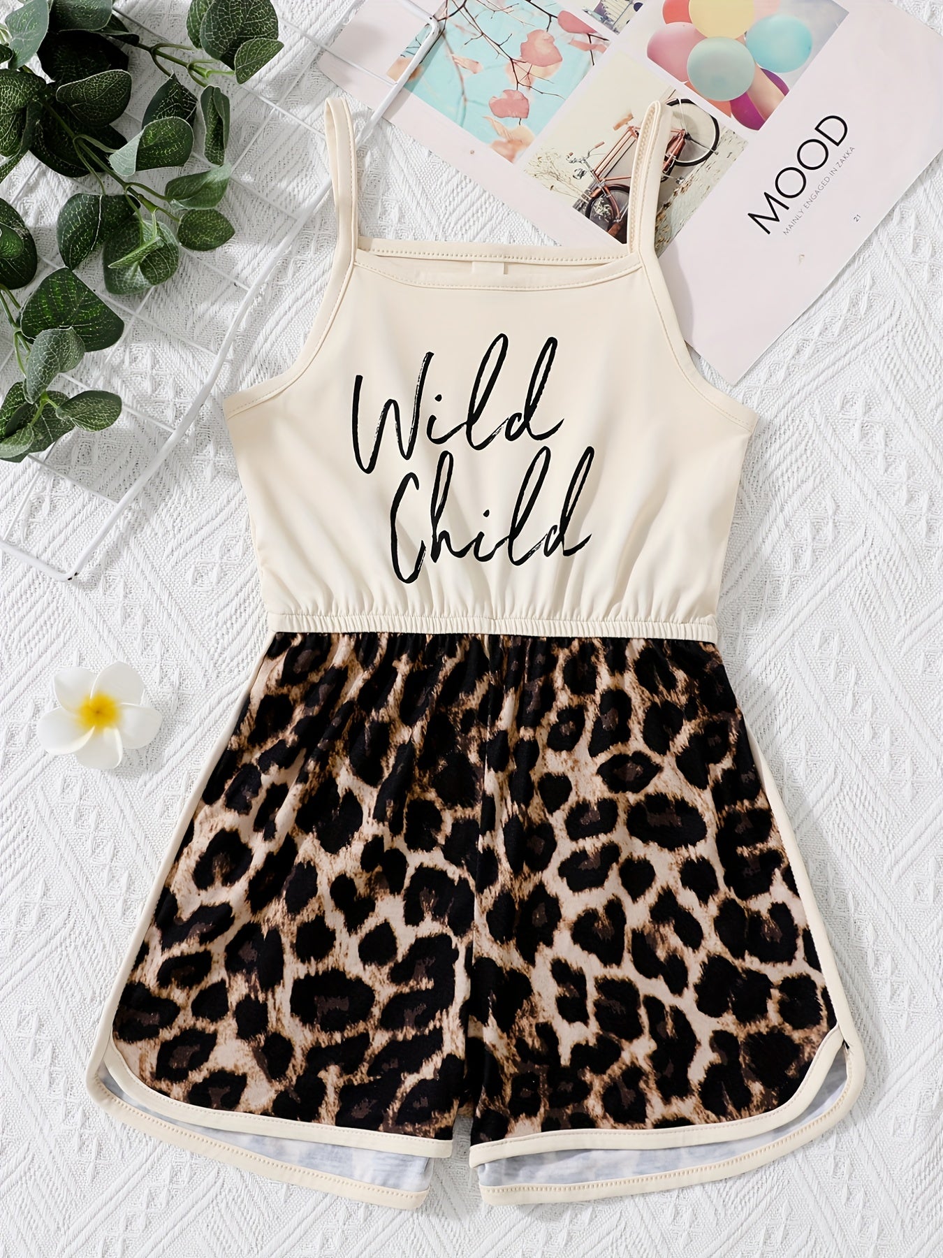 Girls Leopard Stitching Cami Romper & Fit Kids Short Jumpsuit