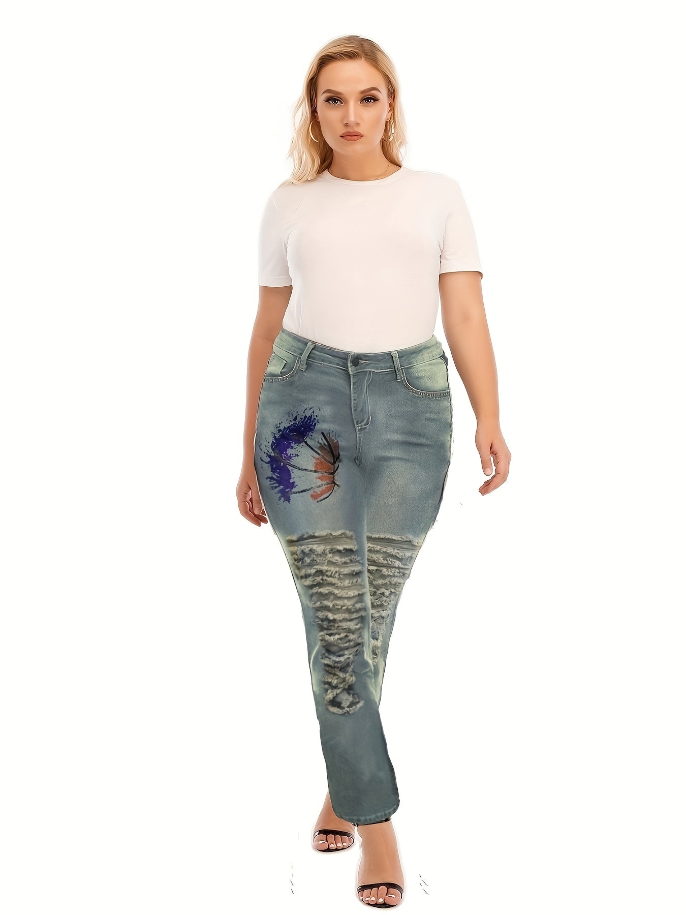  Retro Jeans Women's Plus Graphic Distressed Straight Leg Jeans