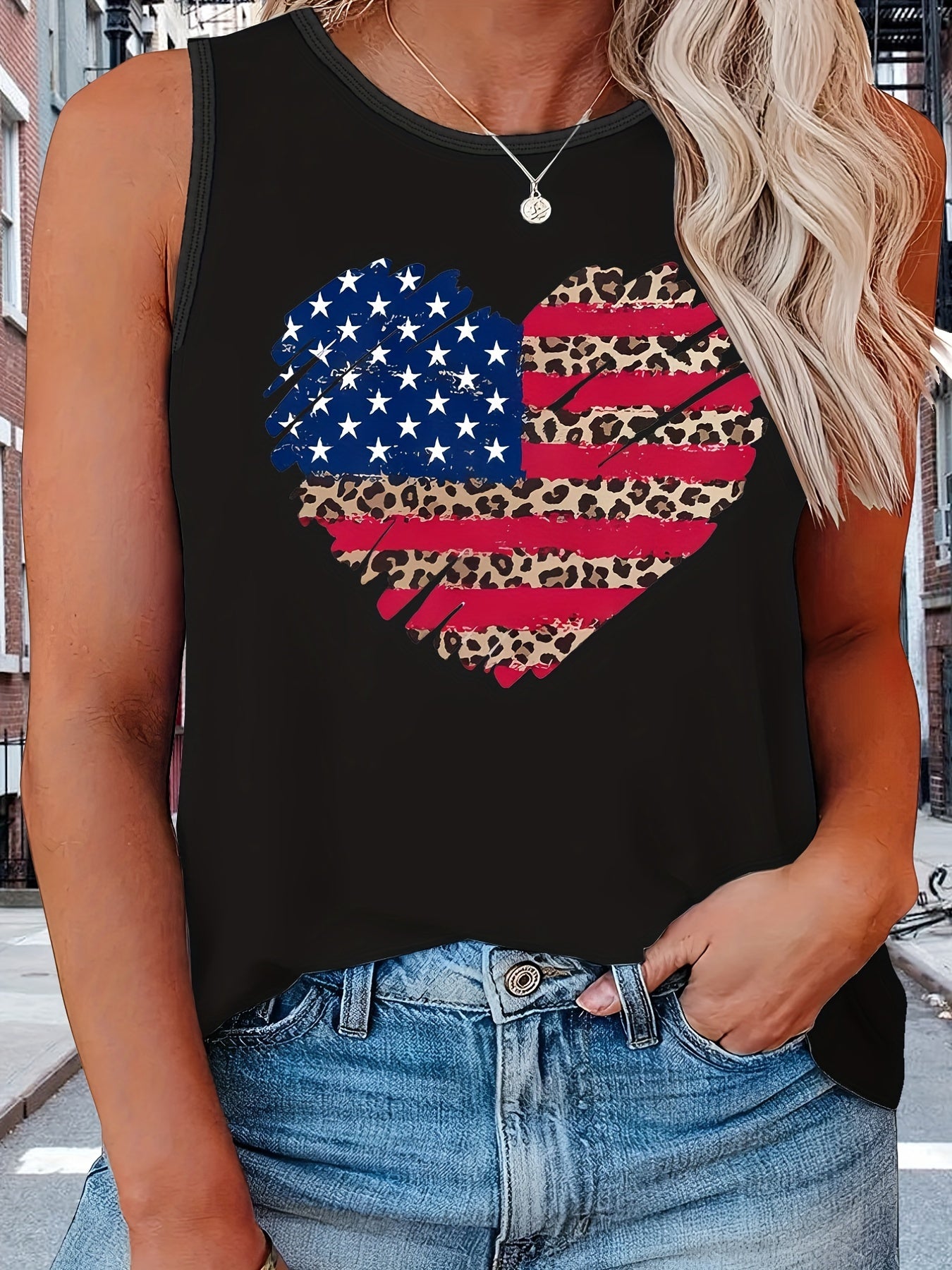  Independence Casual Tank Top Women's Plus Flag Pattern Graphic Print