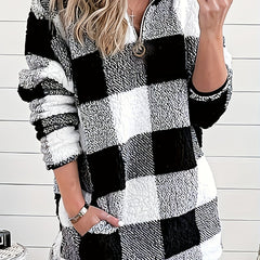 Plaid Print Teddy Jacket Zipper Warm Outerwear