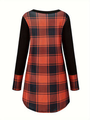  Plaid Print Raglan Sleeve Lace Up V Neck Top