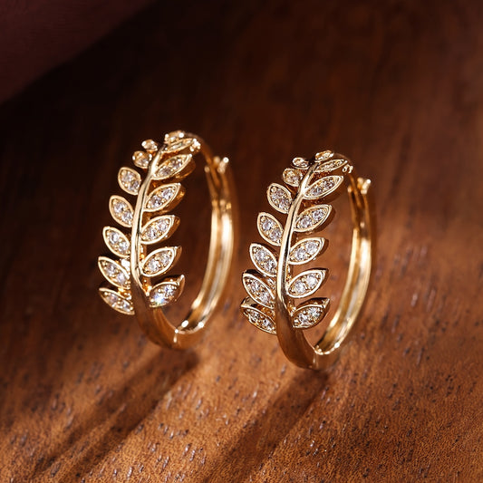Leaf Shaped Hoop Huggie Earrings Inlaid Zircon 18K Plated