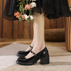 Women's Chunky Heeled Mary Jane Patent Leather Chain Strap Bowknot Shoes