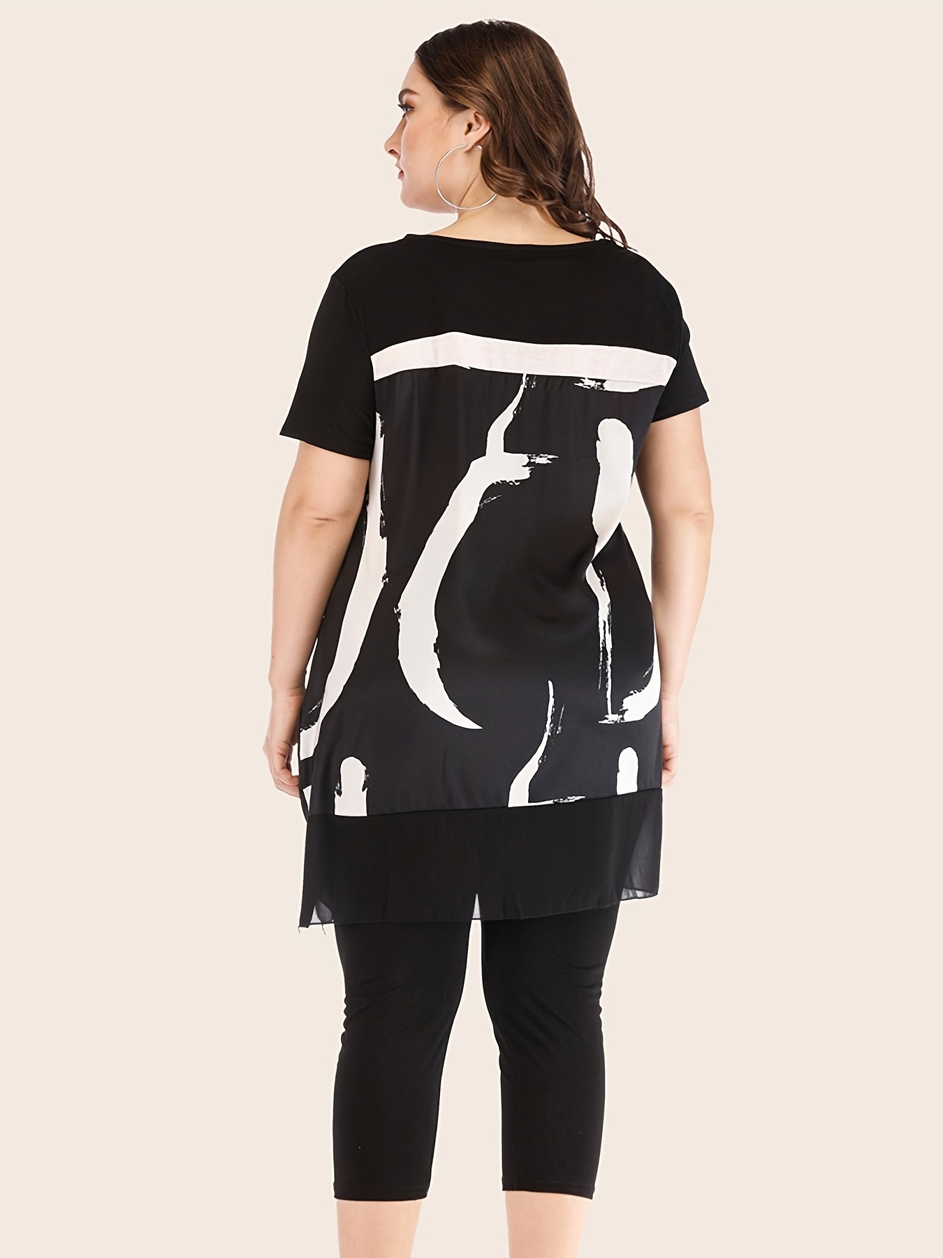  Mesh Graphic Print Top & Bodycon Pants Set Women's Plus Outfit 2 Pcs