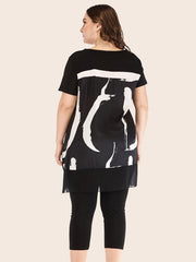  Mesh Graphic Print Top & Bodycon Pants Set Women's Plus Outfit 2 Pcs