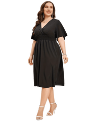  Casual Midi Dress Surplice Neck Shirred Waist Tie Back