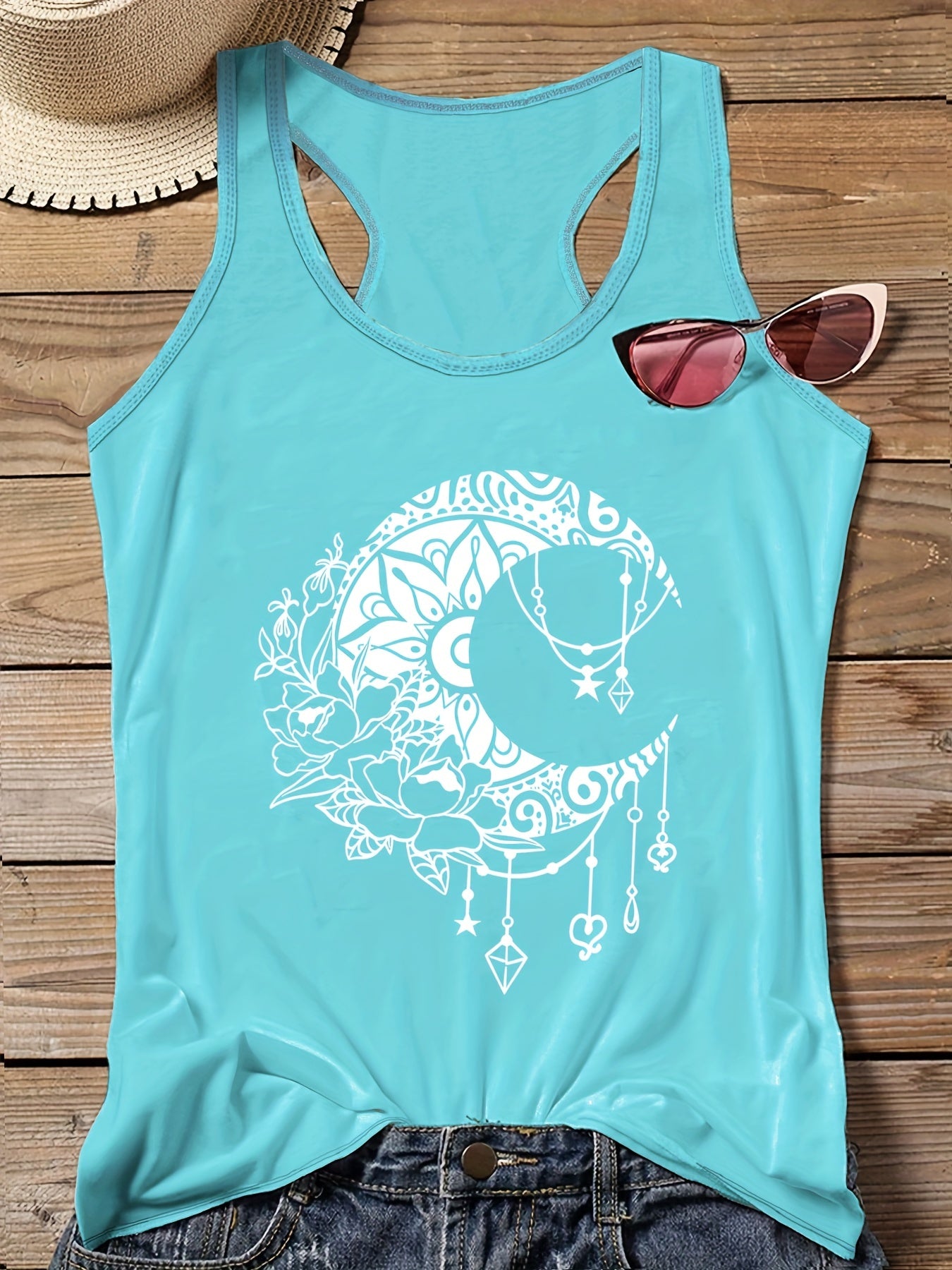  Moon & Floral Print Round Neck Tank Top