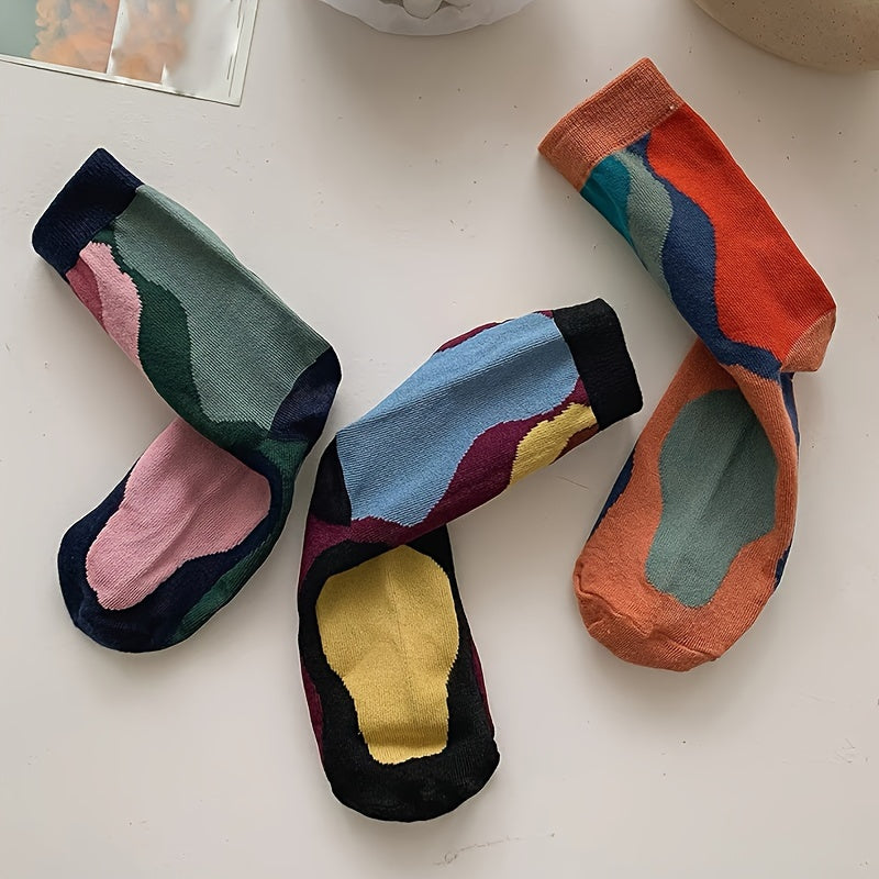 3 Pairs Retro Colorblock Socks Novelty Pattern Crew Socks Women's Stockings