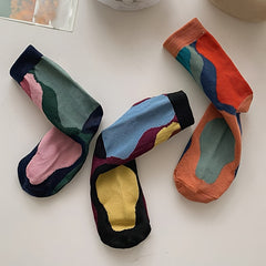 3 Pairs Retro Colorblock Socks Novelty Pattern Crew Socks Women's Stockings