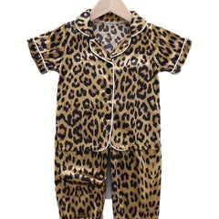 Kid's Leopard Satin Pajama Set Short Sleeve Top & Pants