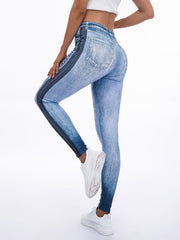 Floral Printed High Waist Leggings Faux Denim Yoga Pants