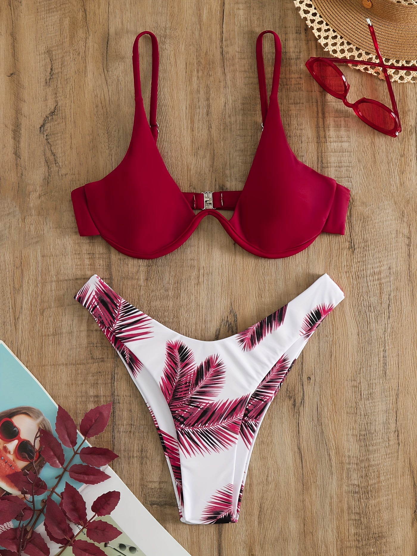 Burgundy Leaf Print Bikini Set V Neck Backless High Cut Two Piece Swimsuit