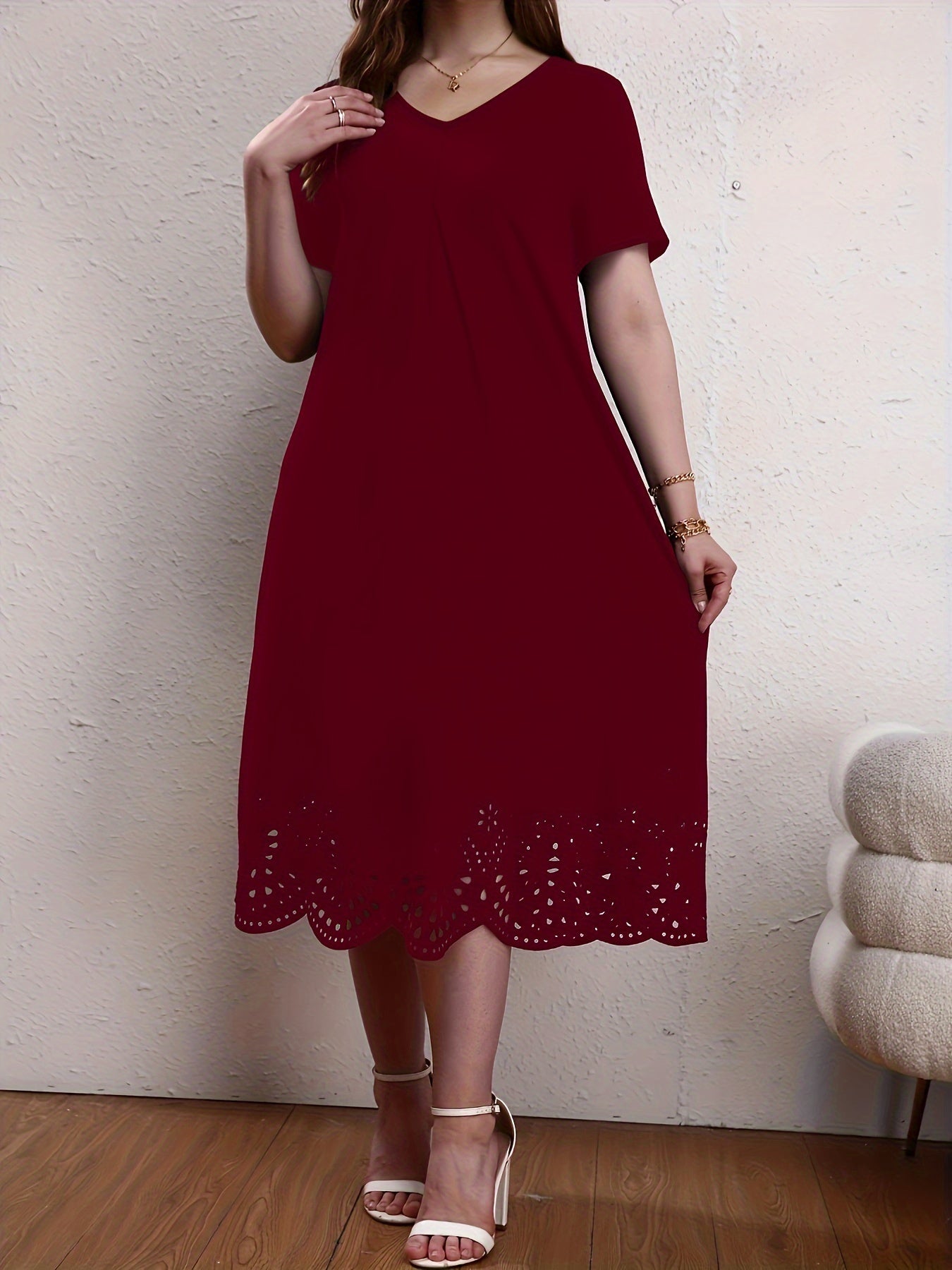  Solid Maxi Dress w/ Scallop Trim Short Sleeves V Neck