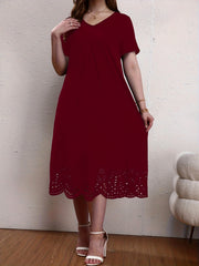  Solid Maxi Dress w/ Scallop Trim Short Sleeves V Neck