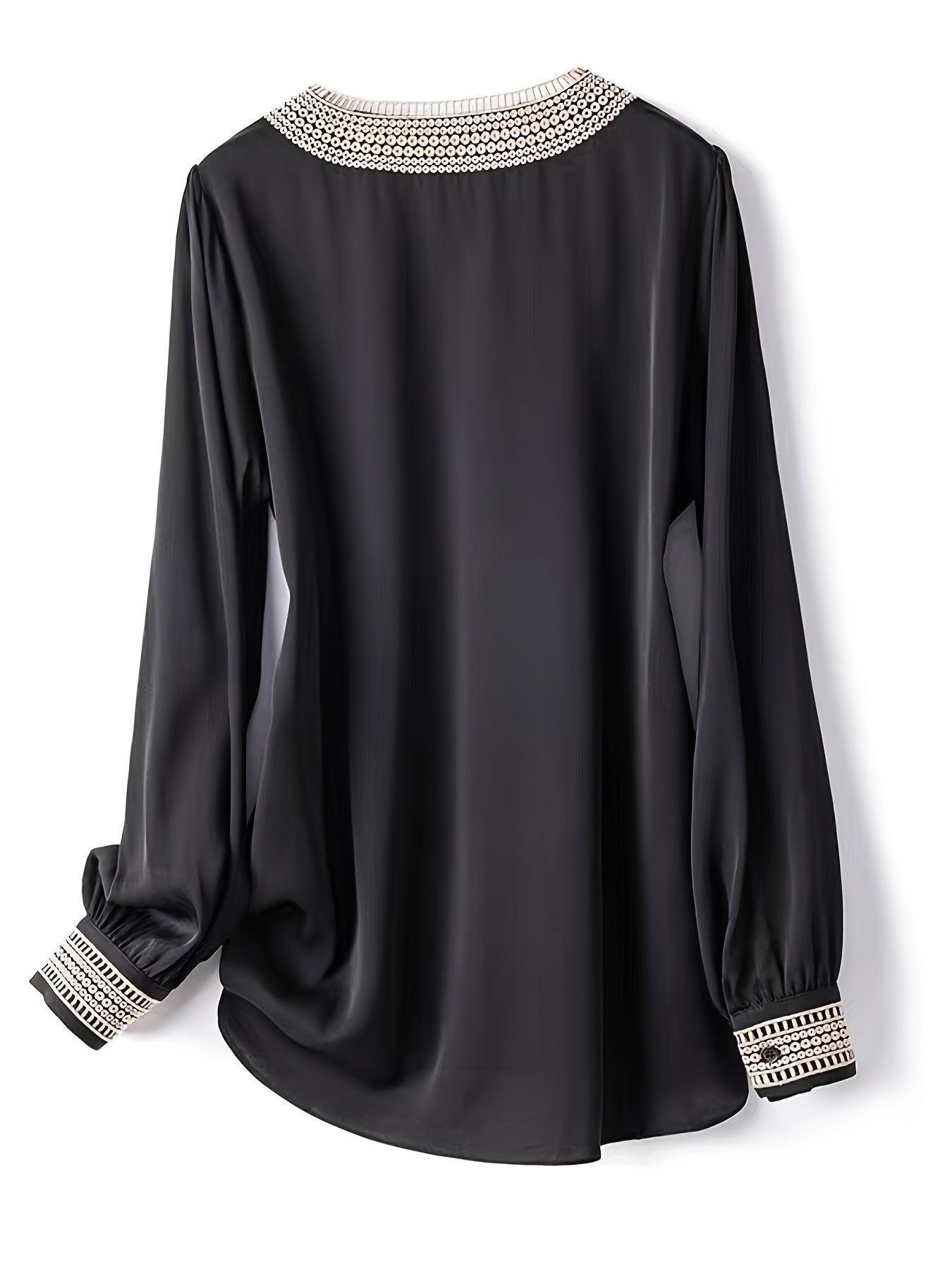  Colorblock Lace Lantern Sleeve V Neck Top