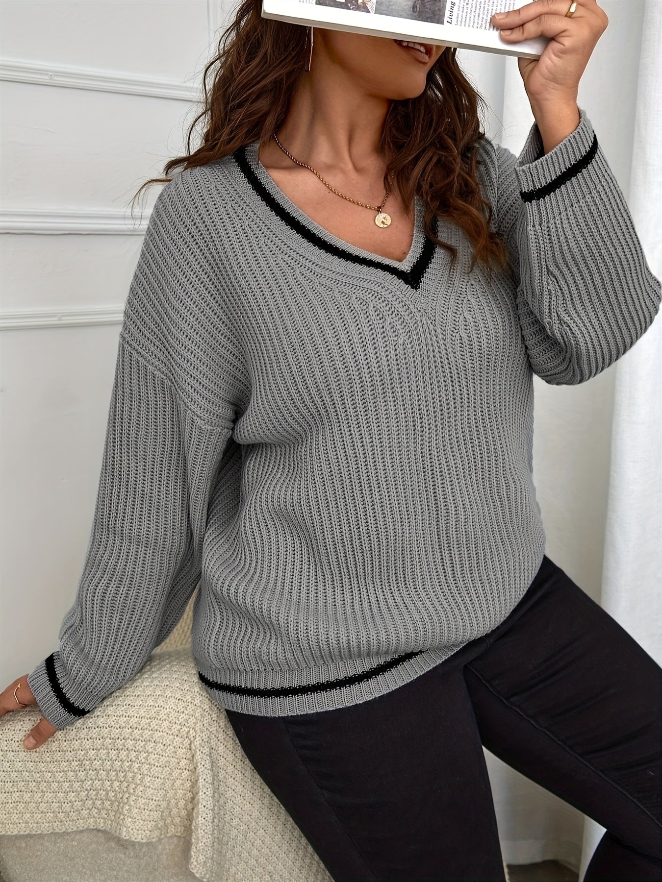  Stripe Print V Neck Sweater