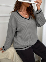  Stripe Print V Neck Sweater
