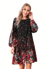  Women's Floral Print Lantern Sleeve Dress