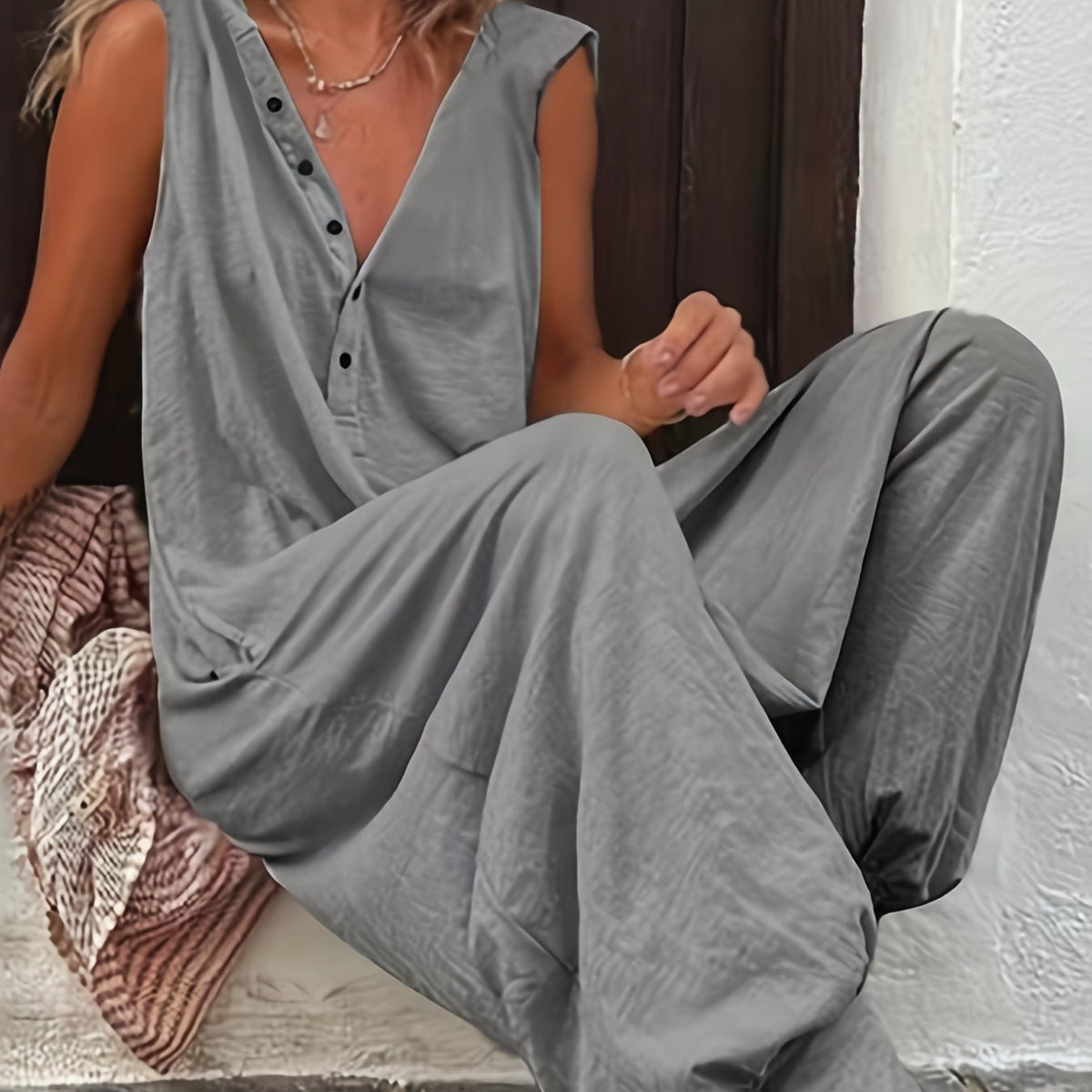  Casual Jumpsuit Solid Button Up Medium Stretch Loose Harem Jumpsuit