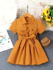 Girls' Button Down Belted Dress Kids Clothing