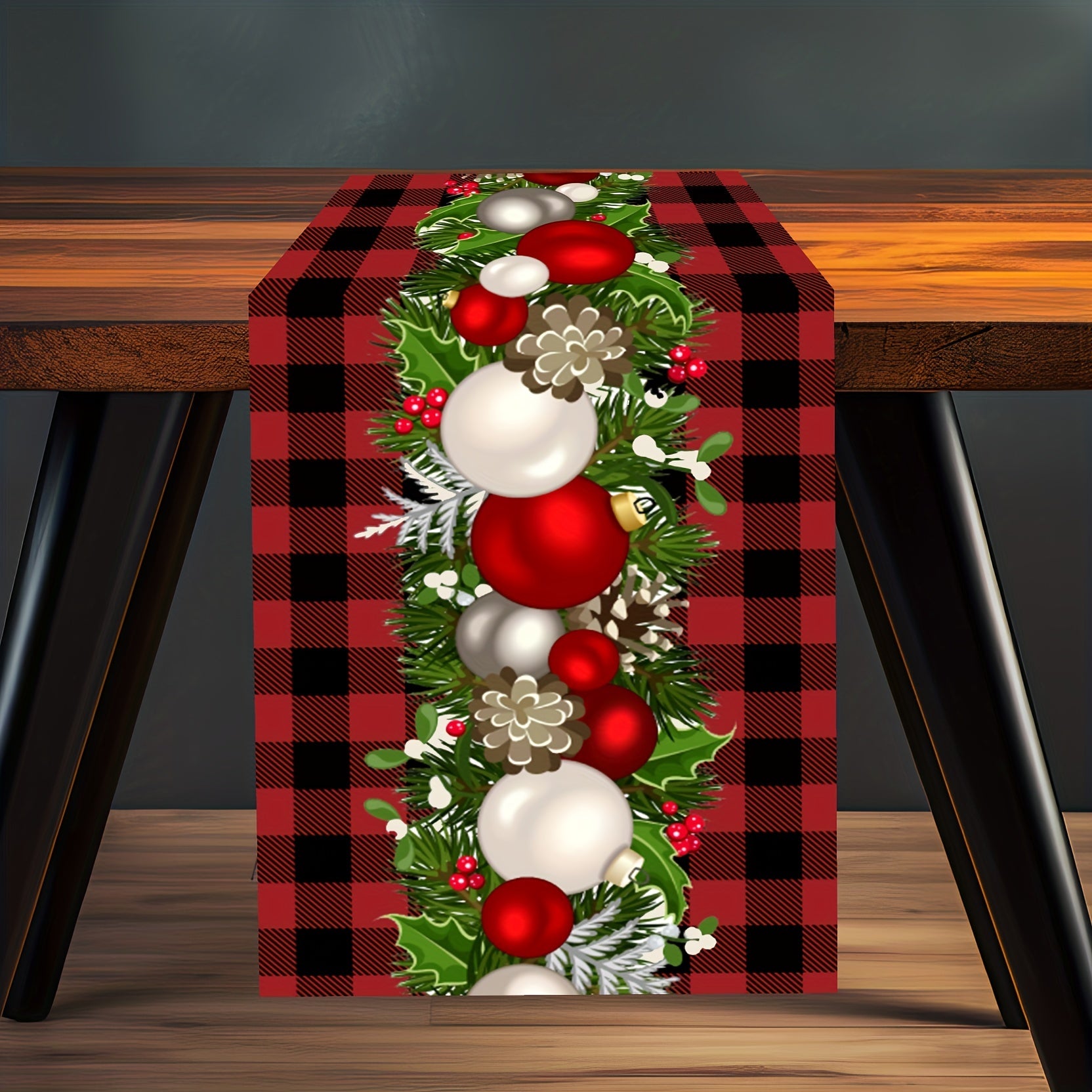 Christmas Table Runner Red Plaid Print Polyester Festive Holiday Decoration