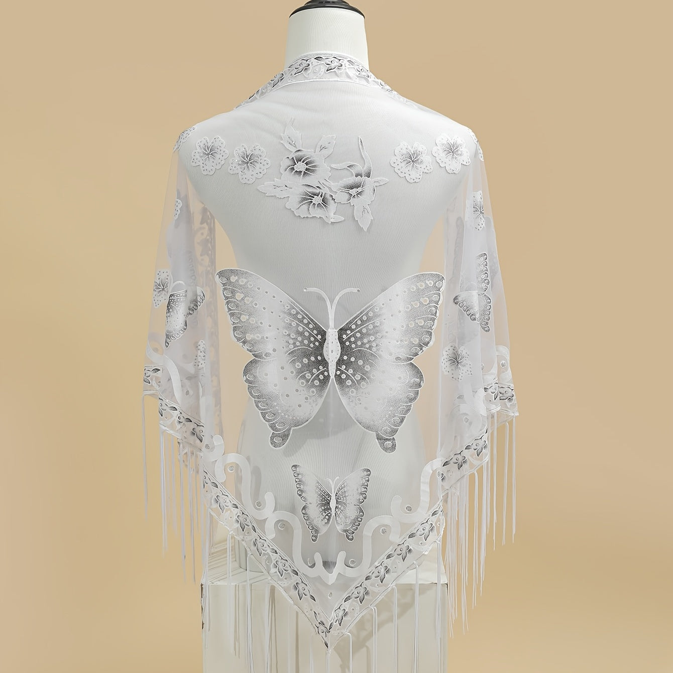 Triangle Scarf Butterfly Flower Embroidery Lace Tassel Shawl