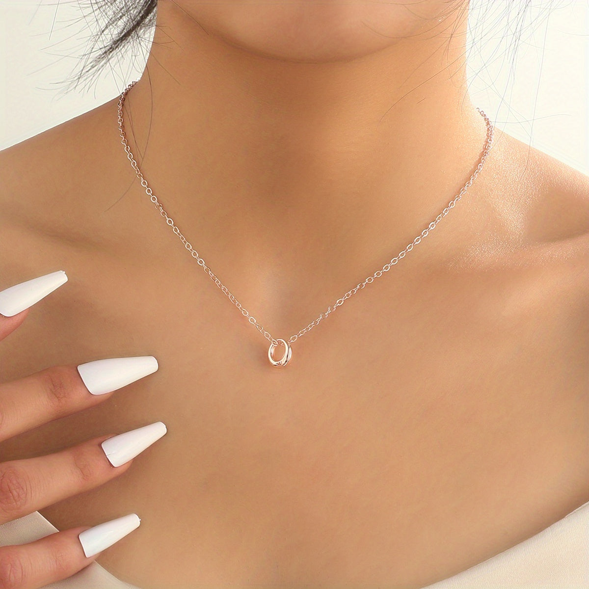 Small Ring Pendant Necklace Silver Alloy Elegant Women Girls