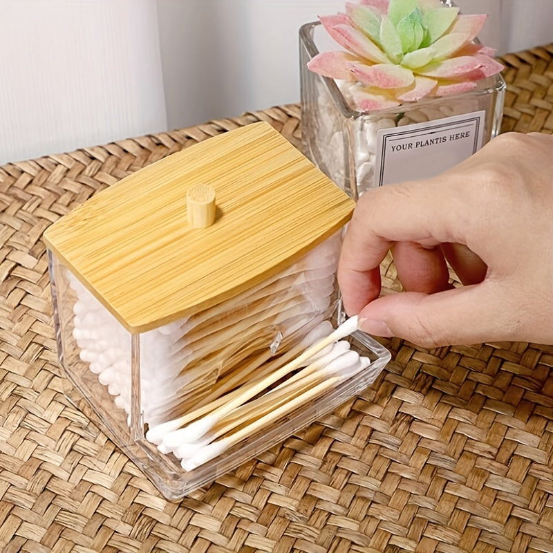 Acrylic Q Tip Dispenser with Bamboo Lid