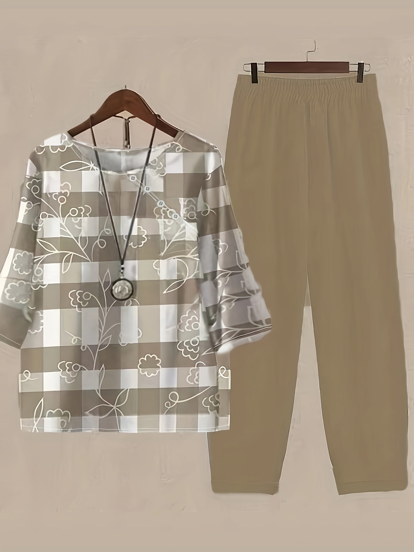  Floral & Plaid Print Long Sleeve Tee & Pants Set