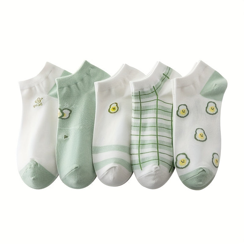 5 Pairs Fruit Print Socks & Low Cut Ankle Socks Women's Stockings