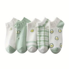 5 Pairs Fruit Print Socks & Low Cut Ankle Socks Women's Stockings