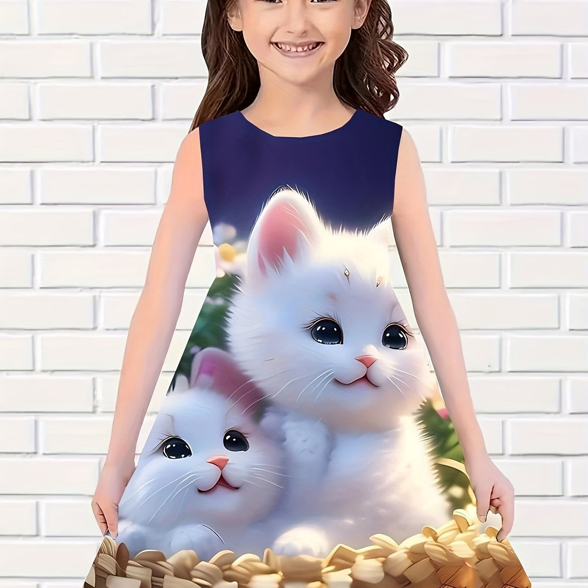 Girls Kitty Graphic Sleeveless Dress - Summer Party Gift