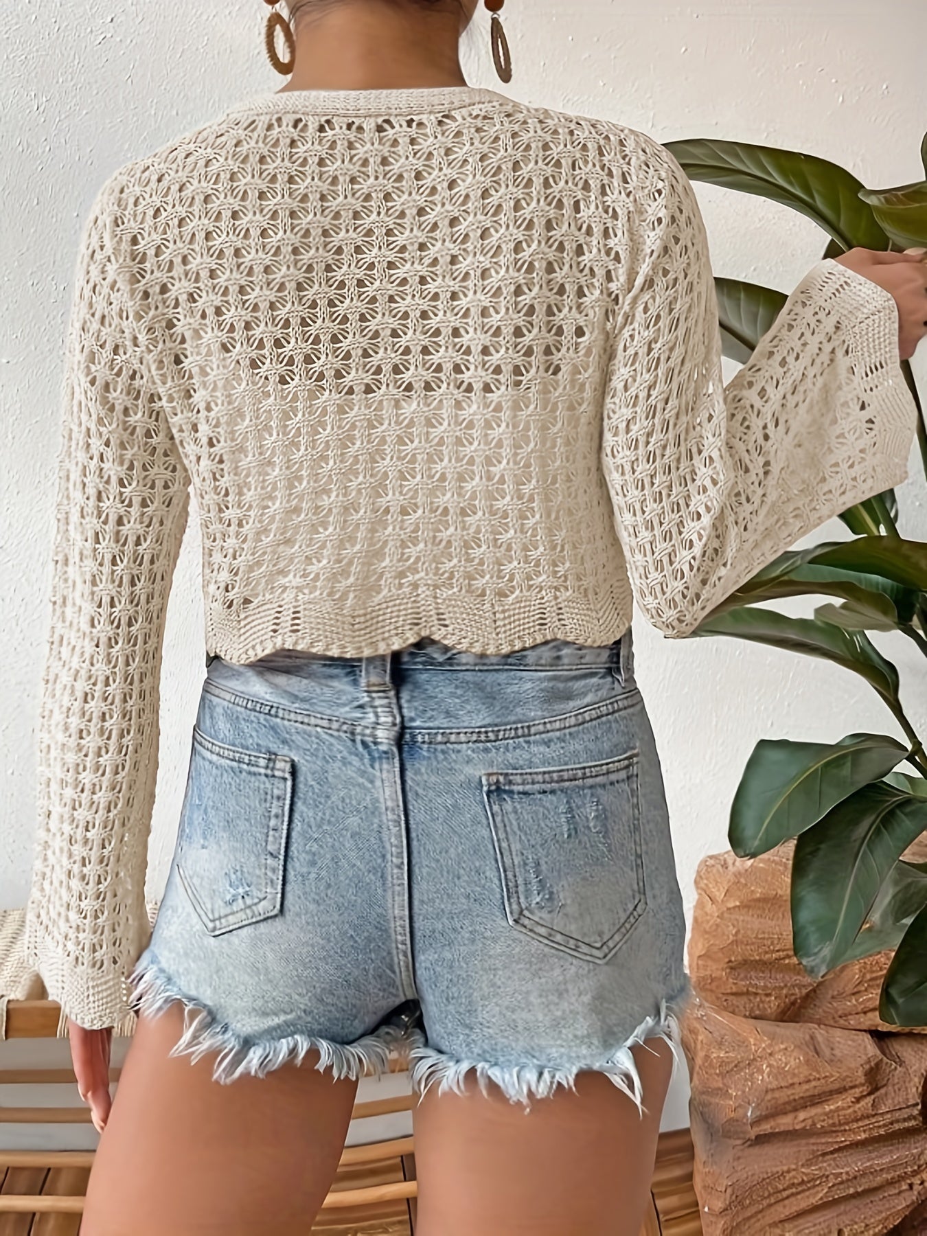  Casual Cardigan Women's Plus Solid Hollow Out Long Sleeve