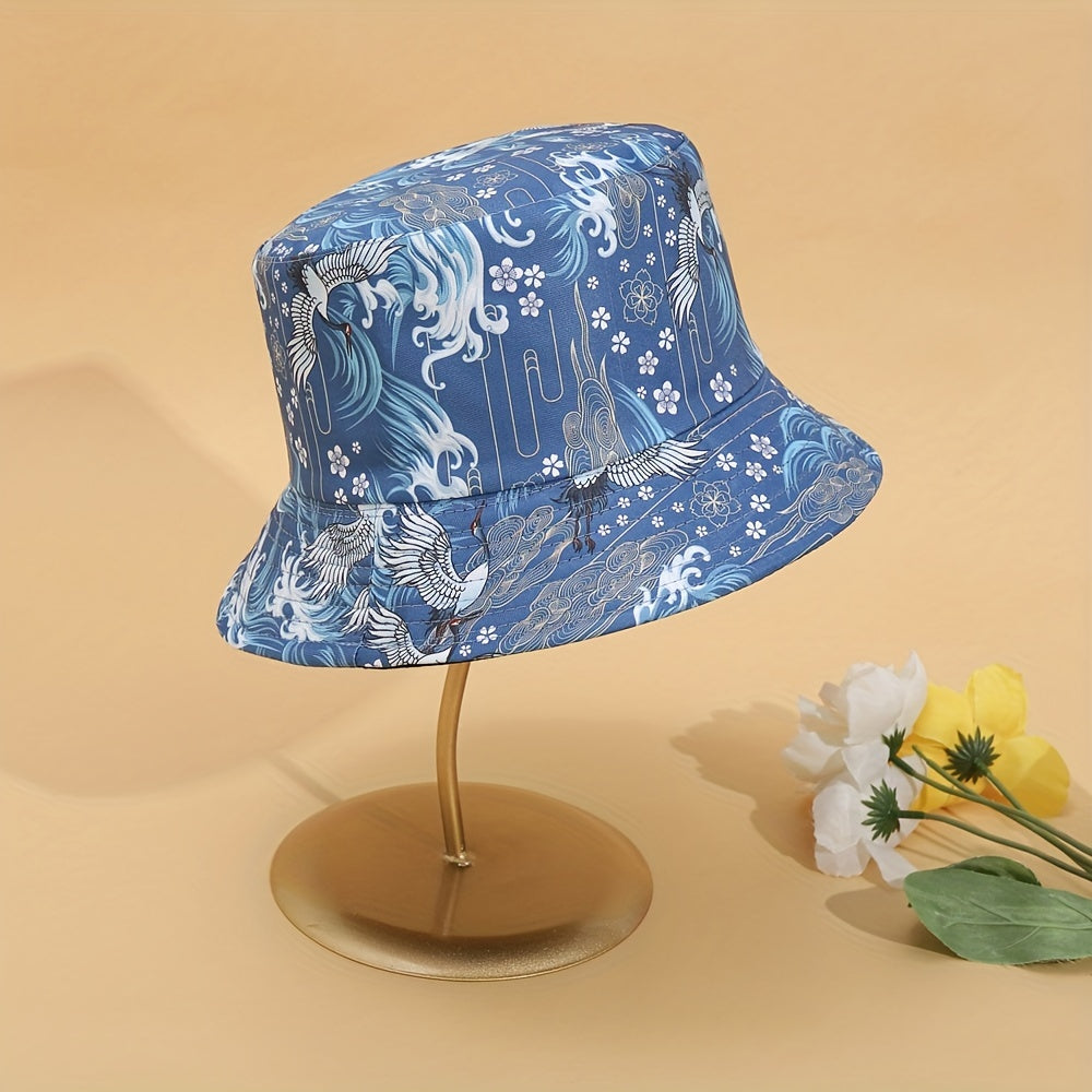 Crane Print Reversible Bucket Hat Vintage Fisherman Cap Women Travel Beach Hats