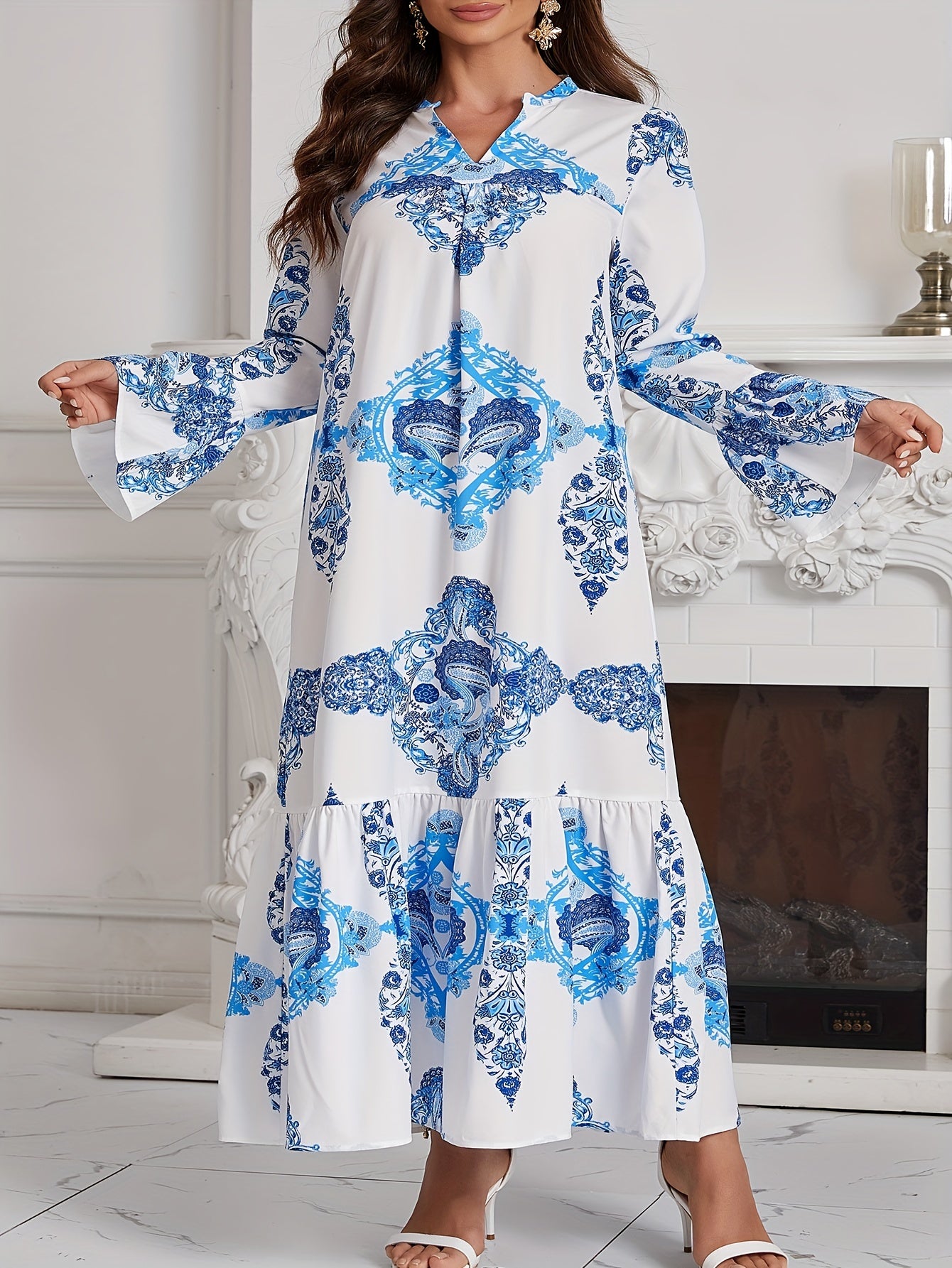  Casual Kaftan Dress Women's Plus Floral Print Bell Sleeve Maxi Dress