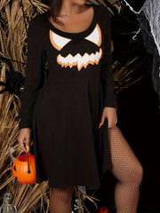 Plus Size Halloween Dress Women's Plus Funny Face Print Long Sleeve