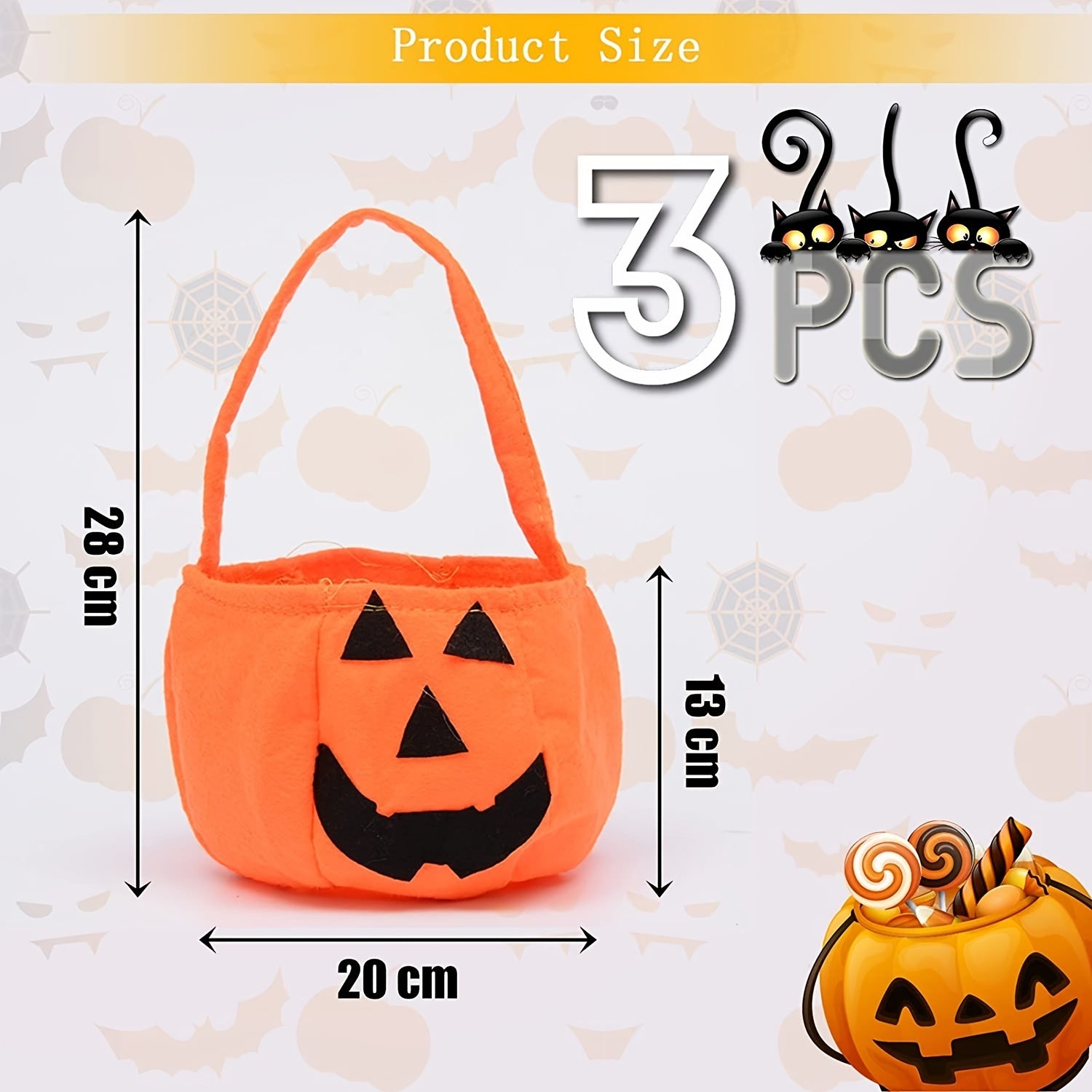 3pcs Pumpkin Candy Bag Trick Or Treat Halloween Pumpkin Bag