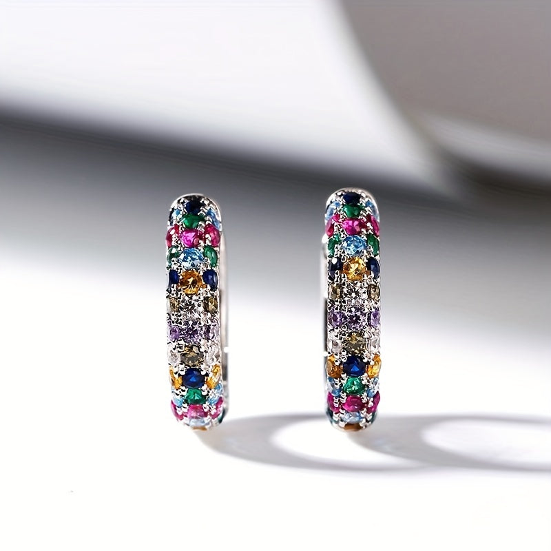 Men's Silver Plate Round Earrings Set with Colorful Zircon, Small Hoop