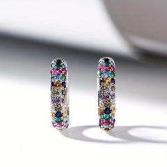 Men's Silver Plate Round Earrings Set with Colorful Zircon, Small Hoop