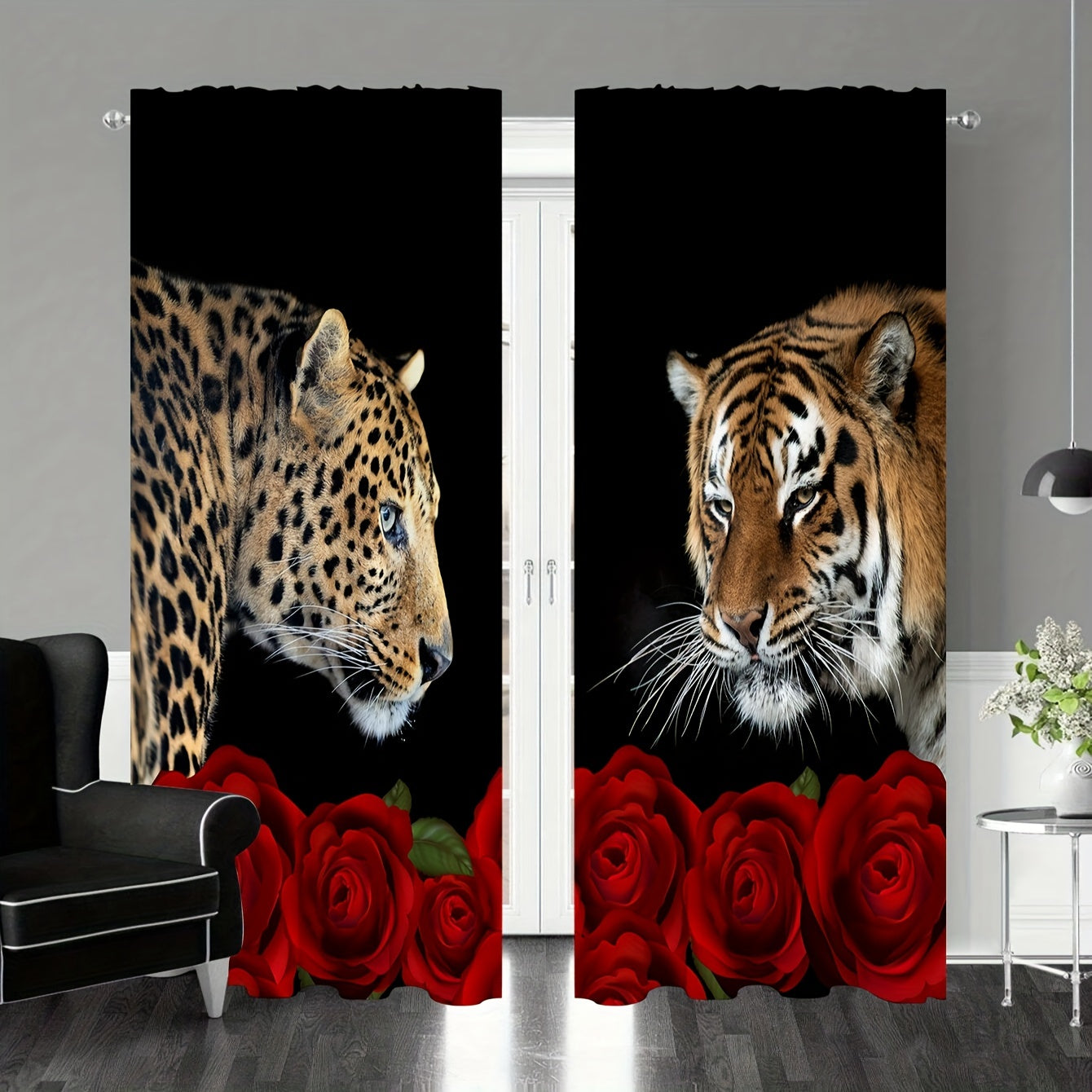 Red Floral Leopard Rose Curtains