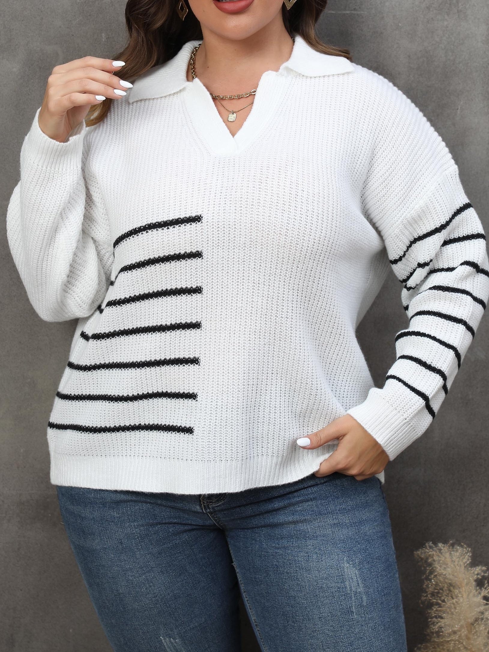  Striped Long Sleeve Polo Neck Casual Sweater