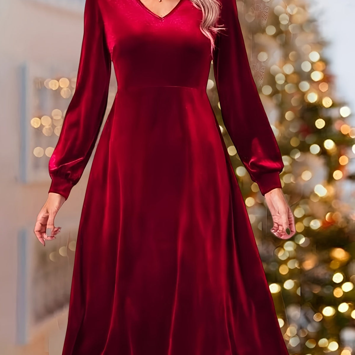  Velvet Long Sleeve V Neck Dress